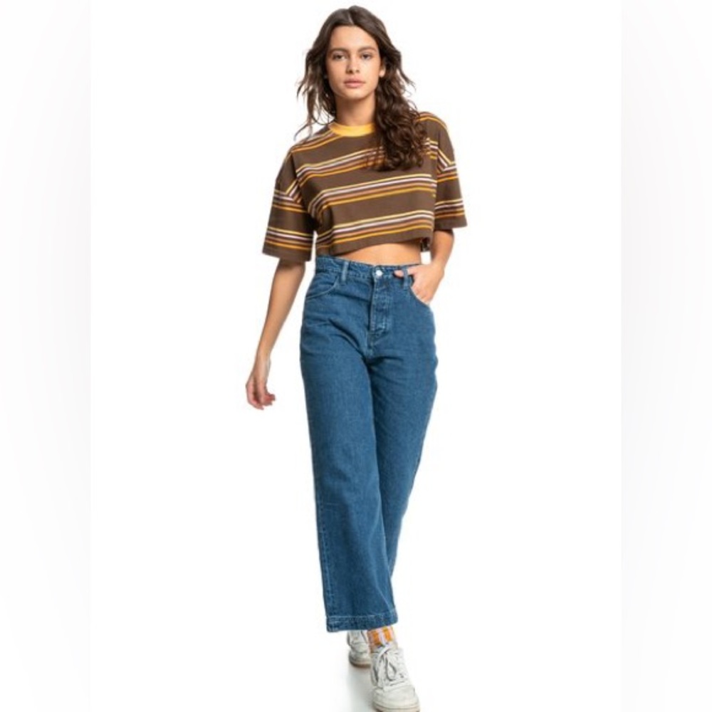 Quiksilver Crop Top Womens Medium Short Sleeves Stripes Brown Organic Cotton